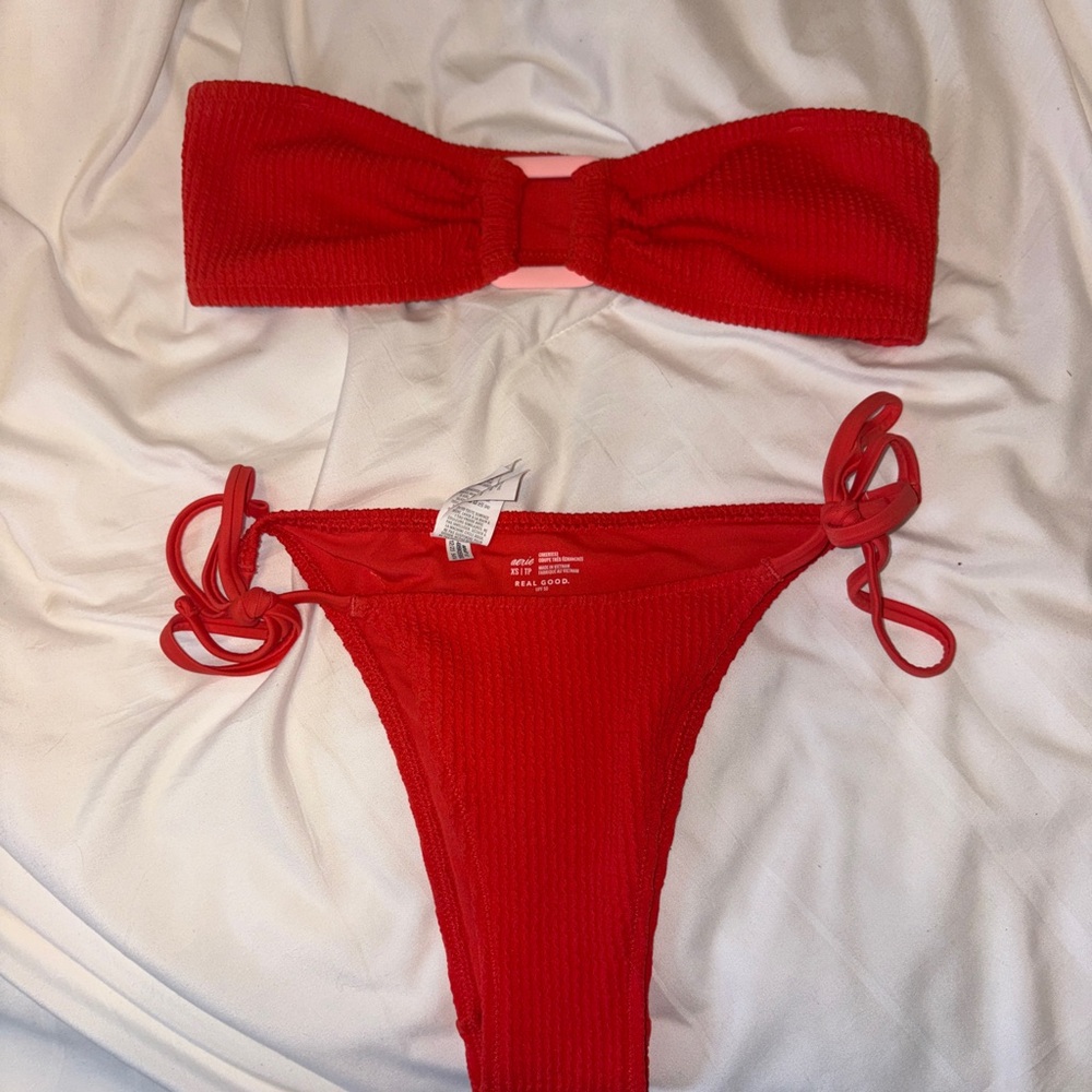 Aerie Vibrant Red Textured Bikini Top